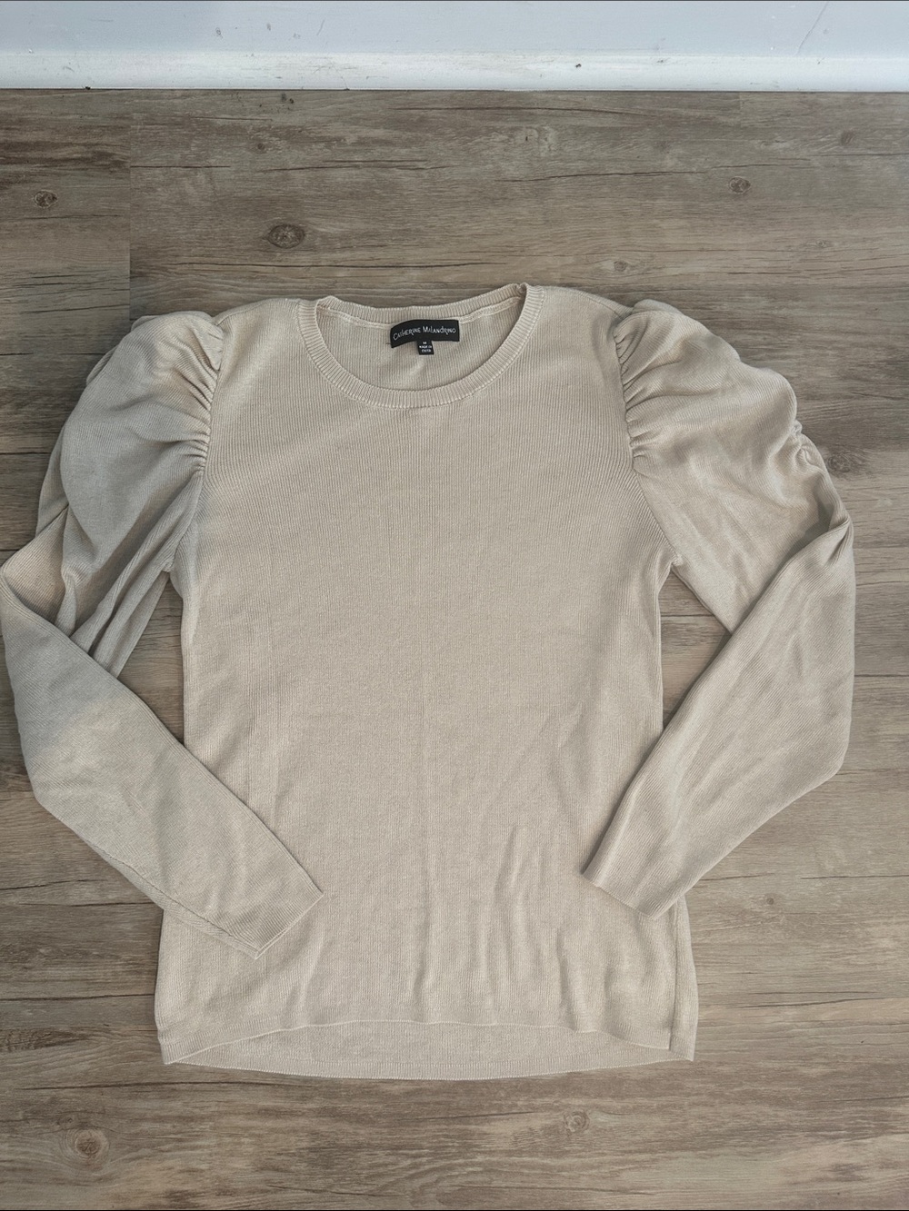 Catherine Malandrino Puff-Sleeve Crewneck Sweater in Beige